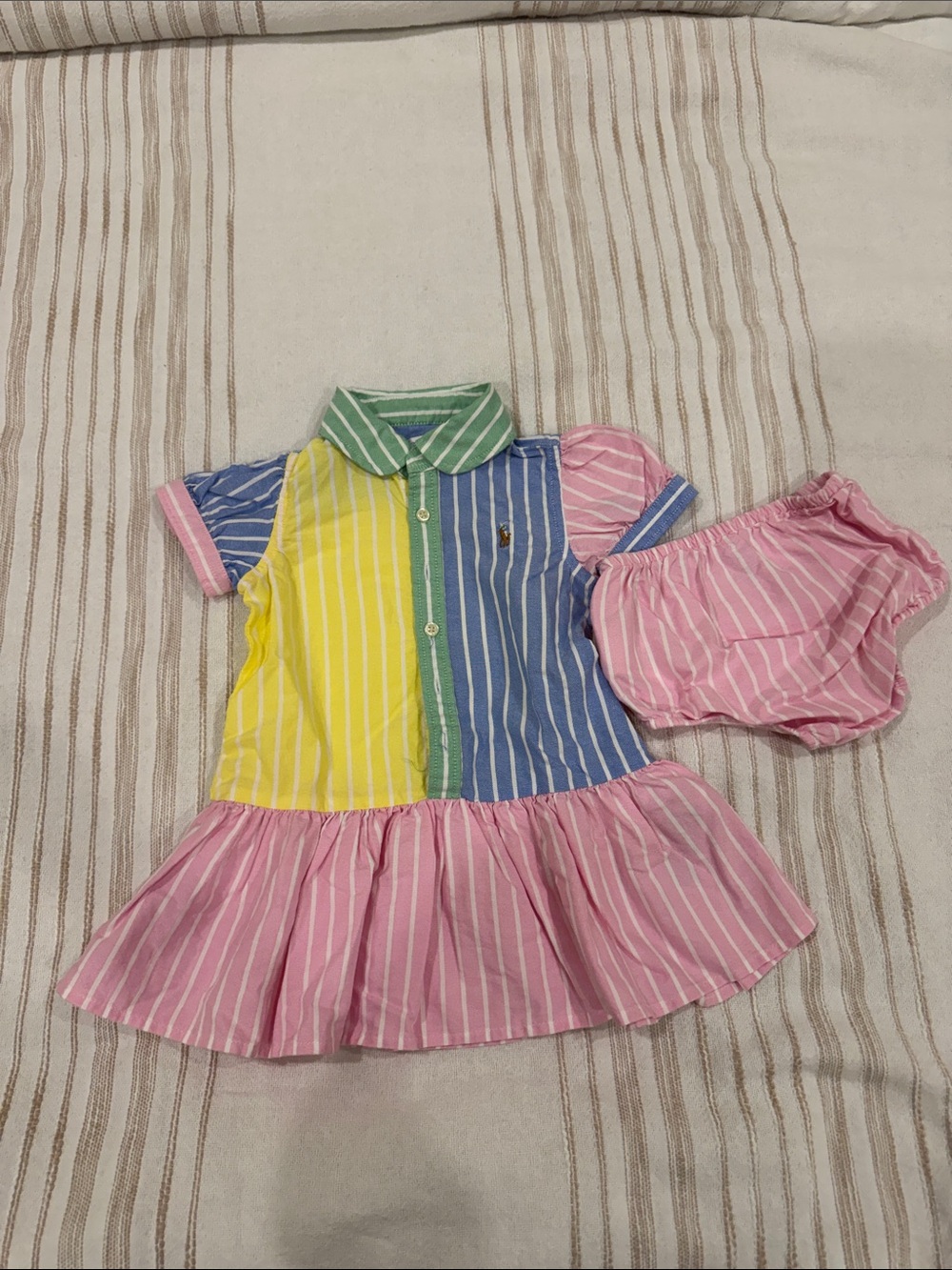 Colorblock Striped Baby Dress with Bloomers - Pink, Blue, Yellow, Green